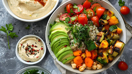 vegetarian buddha bowl with roasted vegetables and dip served on a gray table, garnished with sliced red tomatoes and served in white bowls