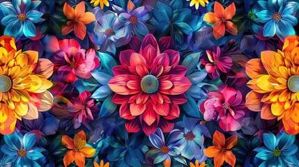 AI-generated floral pattern with geometric shapes, bright colors, seamless, abstract, digital art