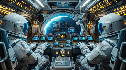 Futuristic space station with holographic displays, astronauts, outer space, high-tech, 3D illustration