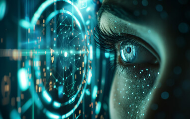Futuristic digital eye data network cyber security technology background with virtual cyberspace internet surveillance and binary code. 
