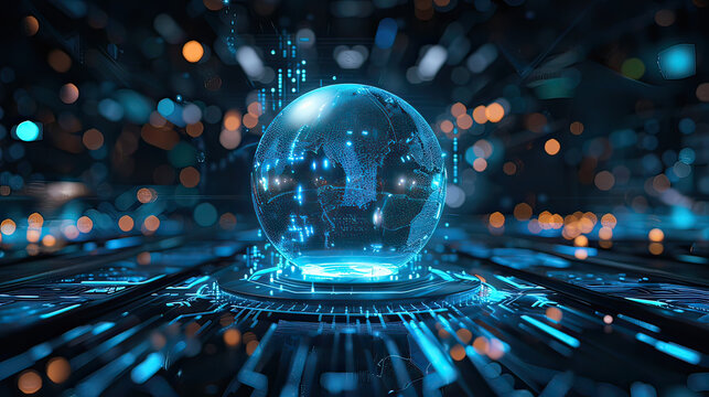 Digital art of a holographic globe, detailed technology, blue tones, futuristic, high detail