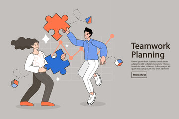 Man and woman fitting together pieces of a jigsaw puzzle. Concept of teamwork, business cooperation, collective project work. Group of business people assembling.