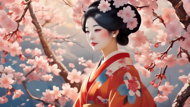 An elegant geisha dressed in a traditional kimono stands gracefully amidst cherry blossoms. The soft pink flowers frame her serene expression.