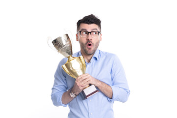Businessman on business successful meeting isolated on white. Successful business man in glasses hold champion cup. Business reward and success. Businessman winner. Business success. Best prize