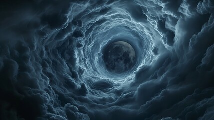 A dramatic view of dark, swirling clouds just before a thunderstorm, with the sky opening slightly to reveal the moon. 32k, full ultra HD, high resolution