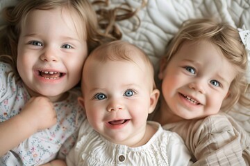 Three young girls are lying side by side on a bed, all smiling brightly