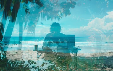 A digital nomad working from a remote location, selective focus, freedom theme, ethereal, Double exposure, a scenic beach as backdrop