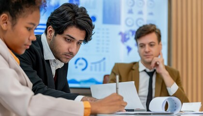 A group of business professionals are working together in an office setting. They are looking at a document and discussing it.