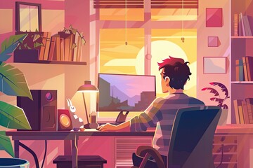 Freelance work from home flat Vector Illustration 