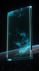 A floating frame of glass, with edges that catch the light, suspended against a backdrop of a deep space black, creating an illusion of floating in the void. 32k, full ultra HD, high resolution