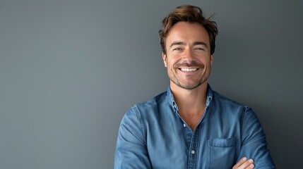 Fototapeta premium Confident Professional: Handsome Smiling Businessman in Blue Shirt isolated on gray background