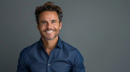 Fototapeta premium Confident Professional: Handsome Smiling Businessman in Blue Shirt isolated on gray background