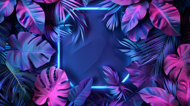 A dynamic hexagon frame design featuring an abstract neon background with tropical leaves - Powered by Adobe