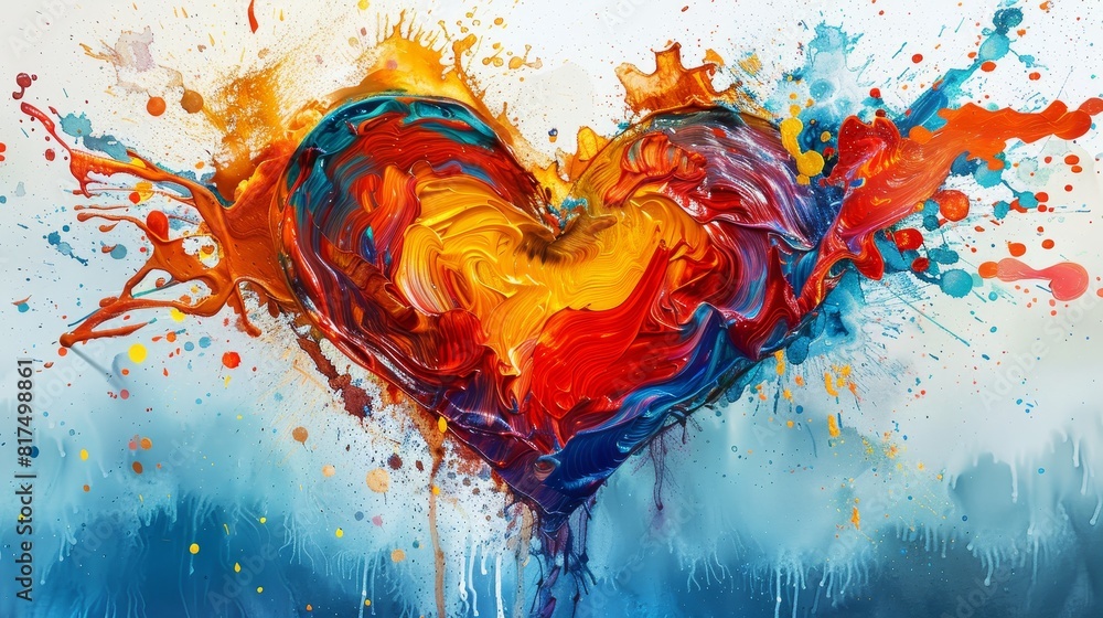 Poster a modern artwork featuring an array of colorful paint splashes forming the shape of a graceful heart
