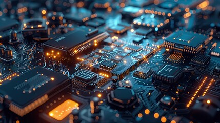 Obraz premium A close-up of a computer circuit board packed with tiny chips and capacitors