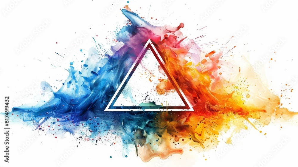 Poster a triangle composed of colorful paint splashes, creating a lively and dynamic composition