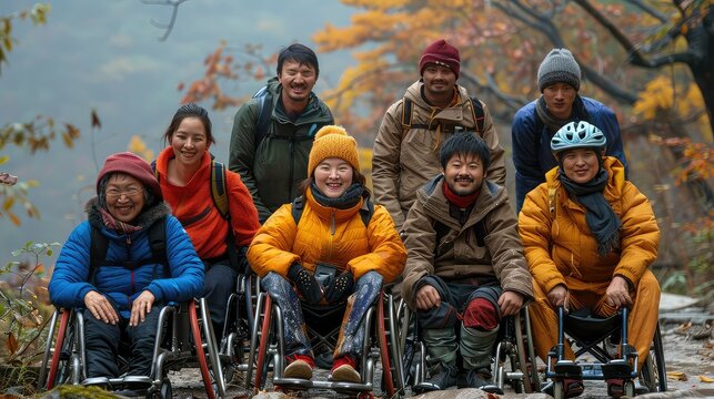 Group of disabled people in wheelchairs doing outdoor activities together