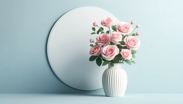 A beautiful pink rose in a minimalist pot set against a soft blue background, showcasing elegance and simplicity.