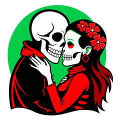 illustration of a skeleton couple deeply in love, embracing each other amidst a backdrop of swirling hearts, symbolizing eternal romance