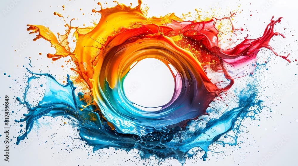 Poster an array of vivid paint splashes arranged in a circular fashion