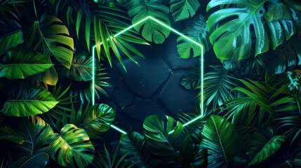 An abstract neon background featuring tropical leaves