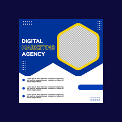 blue and yellow social media post design for digital marketing, creative and insurance companies.