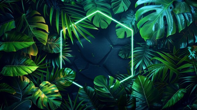 An abstract neon background featuring tropical leaves