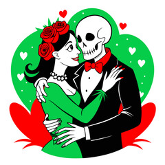 illustration of a skeleton couple deeply in love, embracing each other amidst a backdrop of swirling hearts, symbolizing eternal romance