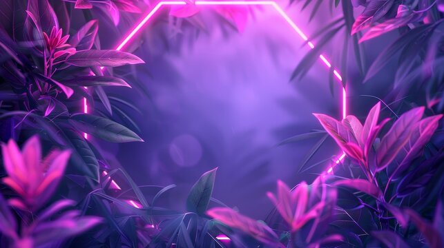 neon background and tropical leaves, showcasing a color combination of purple and pink