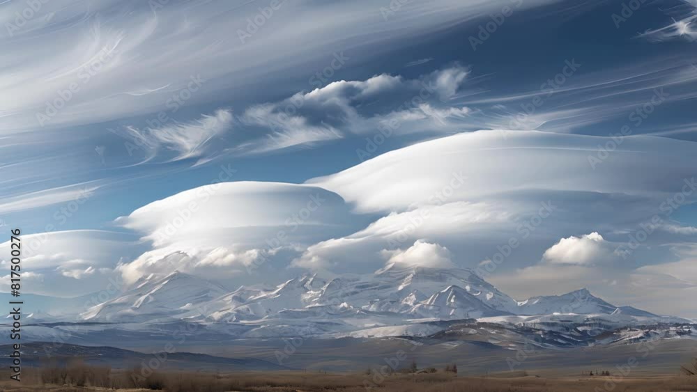 Poster the sky is filled with an army of lenticular clouds marching in formation over the mountain range.
