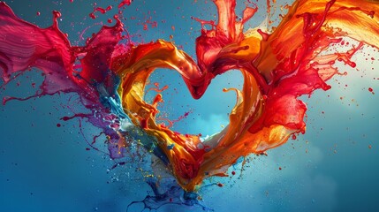 An imaginative design featuring an explosion of vibrant paint splashes forming a beautiful heart shape