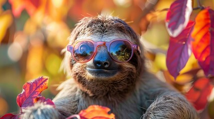 Obraz premium An ultra-realistic photograph capturing a stylish sloth donning colorful glasses