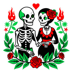 illustration of a skeleton couple deeply in love, embracing each other amidst a backdrop of swirling hearts, symbolizing eternal romance