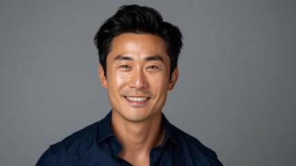 Fototapeta premium Confident Professional: Handsome Smiling Businessman in Blue Shirt isolated on gray background