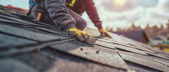 A worker repairing a roof with new shingles, close up, construction theme, realistic, Overlay, a suburban house as backdrop
