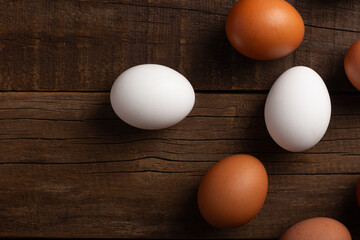 Closeup of eggs on wooden table