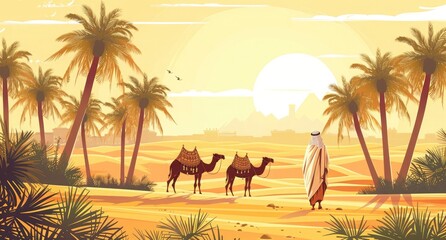 Sudan, palm trees in the desert with camels and an Arab man dressed
