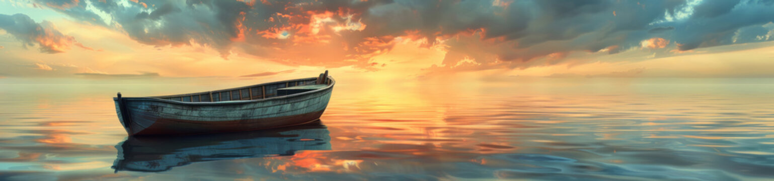 A boat in a body of water, characterized by a glossy finish and grandiose environments in a seapunk style.
