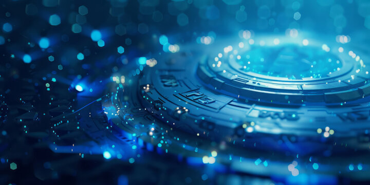 A symbol on a blue background is illuminated in light, depicted in a greeble style with digital illustration, circular shapes, and a thick texture.