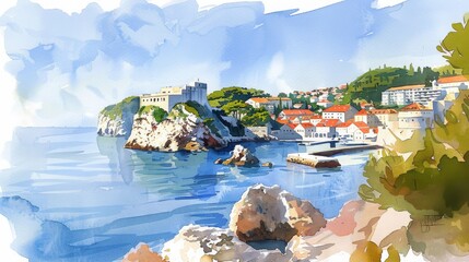 landscape sketch of dubrovnic, croatica, realistic style, watercolor, 16:9