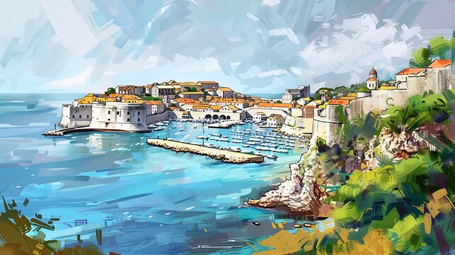 Fototapeta landscape sketch of dubrovnic, croatica, realistic style, watercolor, 16:9