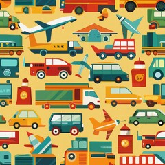 Naklejka premium Seamless pattern of blocky vehicles like cars, trucks, and airplanes, perfect for wrapping gifts for transportation enthusiasts, Generative AI