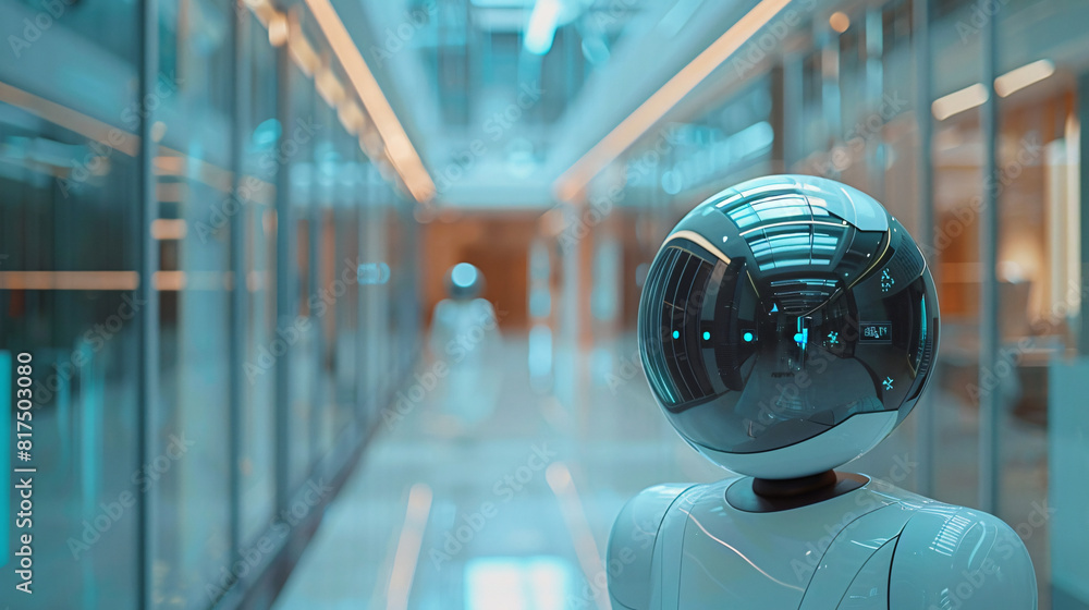 Poster in a minimalist setting, a blurred image depicts a business robot ai meeting unfolding within the sl