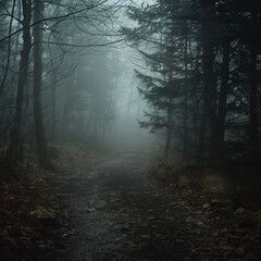 Fototapeta premium Through Path Leading Mysterious Dark Foggy Forest Donzb