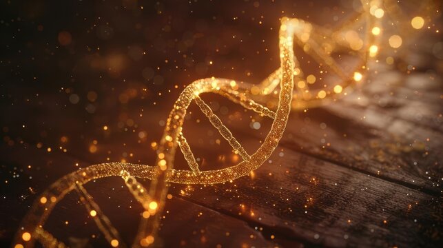 Overhead view of a glowing 3D DNA helix on a dark, grained wood table, with copious background space for editorial use