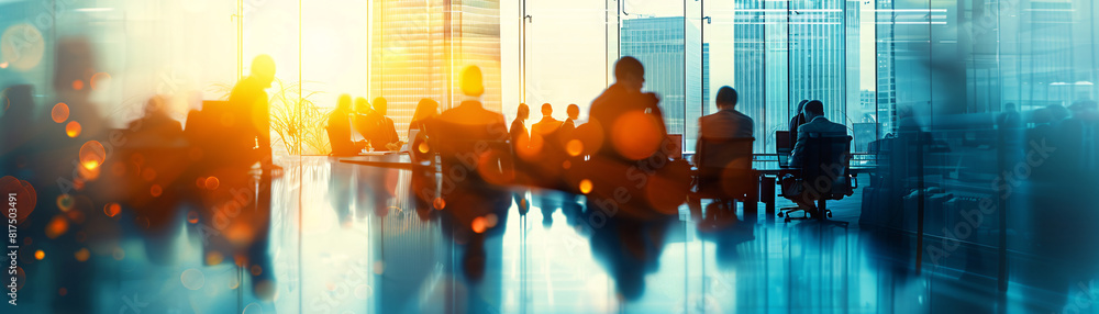 Poster a blurred image captures the essence of a futuristic business meeting, where ai robots interact in a