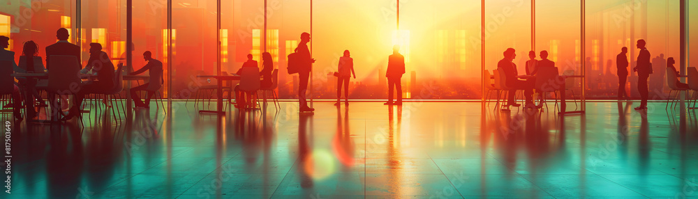 Poster a blurred image depicts a futuristic business setting in a modern office building, where ai robots e