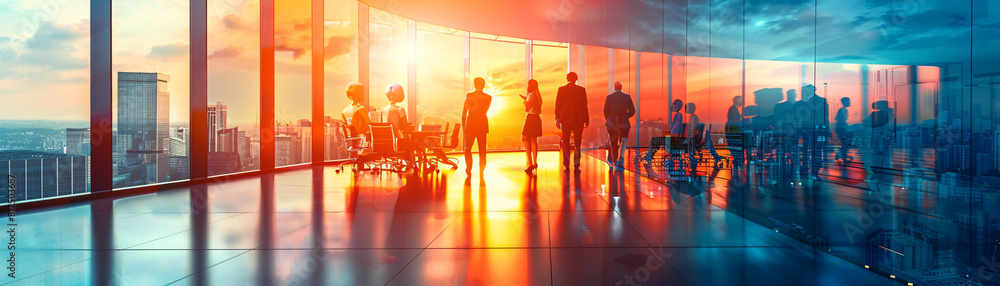 Poster a blurred image depicts a futuristic business setting in a modern office building, where ai robots e