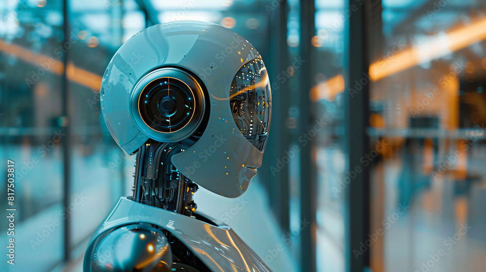 Poster against a minimalist color background, a blurred image portrays a business robot ai meeting in progr