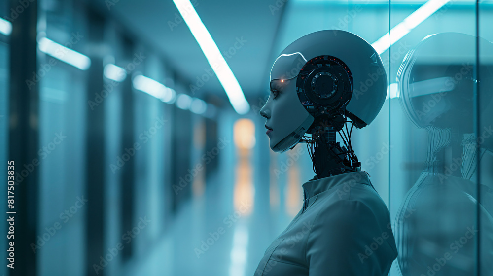 Poster against a minimalist color background, a blurred image portrays a business robot ai meeting in progr